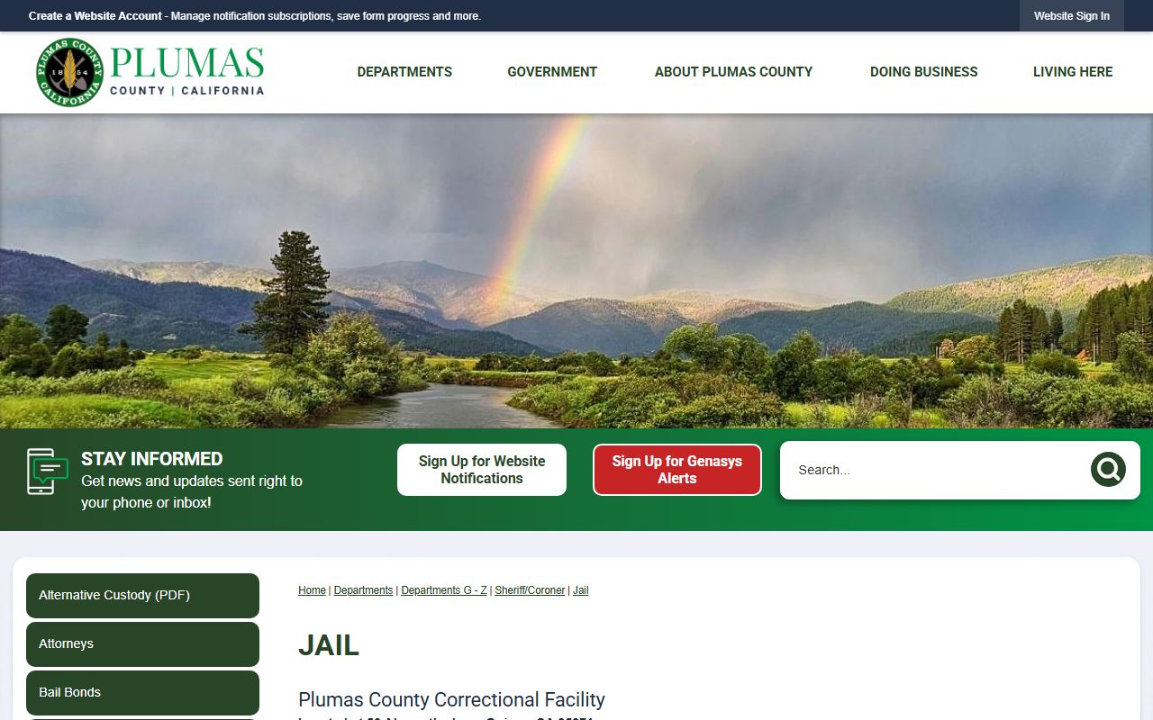 Plumas County jail page for inmate population and custody contact information