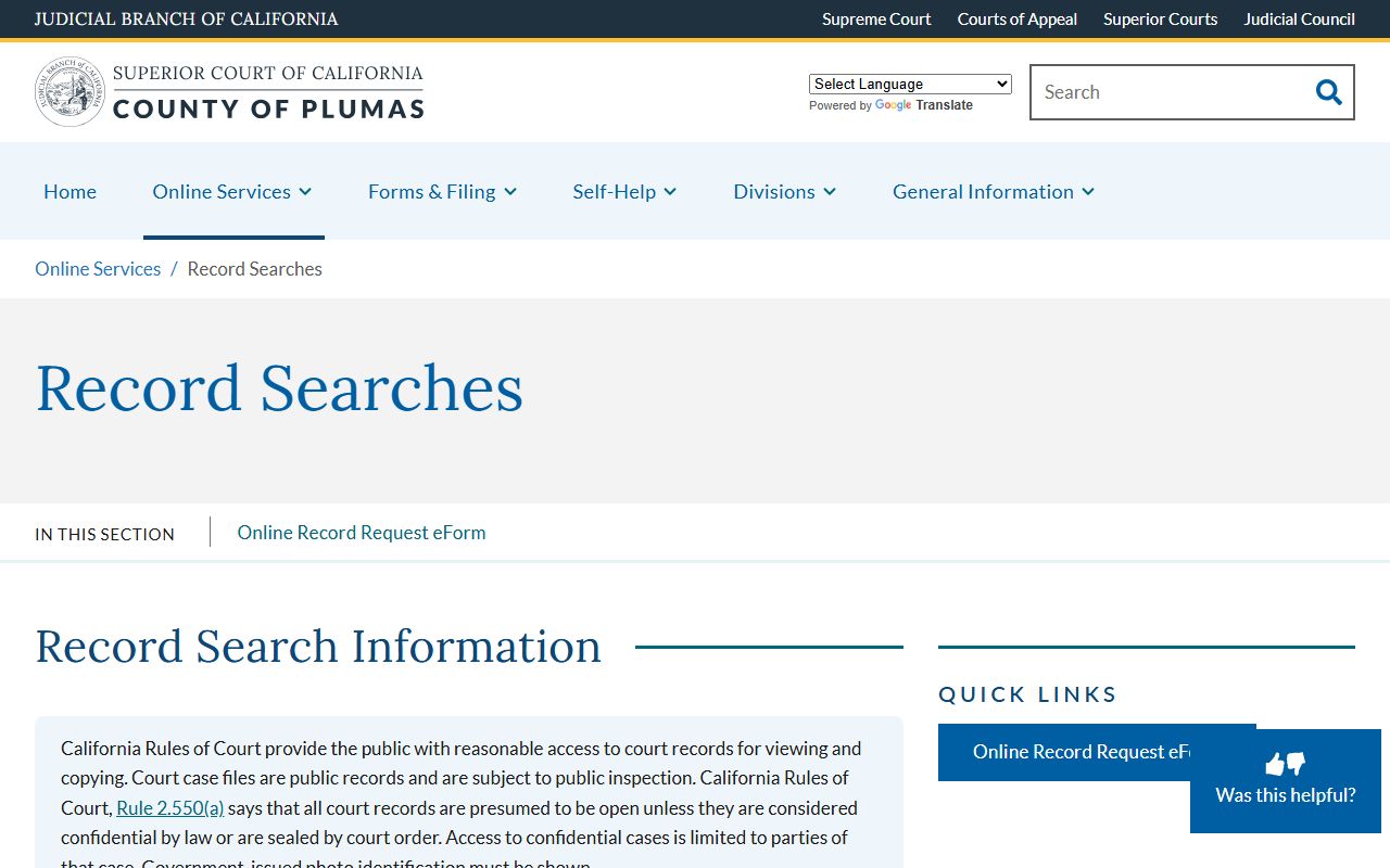 Plumas County court records after jail arrest record-search instructions