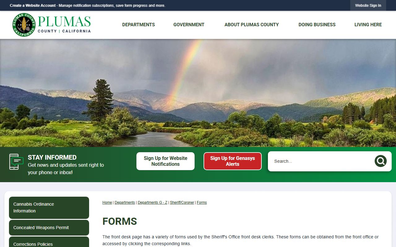 Plumas County sheriff forms page for inmate records and public-record requests
